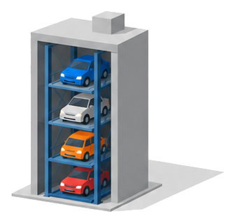 車を上下に積み重ねるエレベーター方式の立体駐車場のイラスト