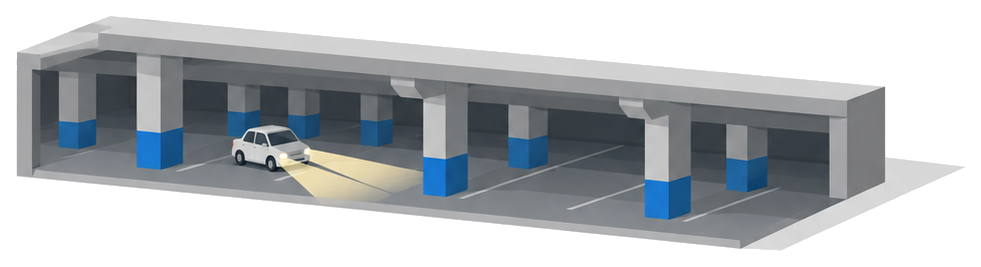 柱の多い駐車場で車のヘッドライトが前を照らしているイラスト