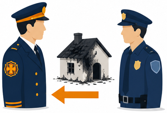 消防と警察が向き合い消防側に矢印が向くイラスト