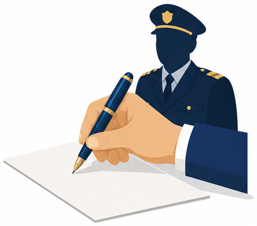 書面に署名する手と背後に立つ責任者のイラスト