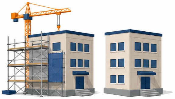 足場のかかった工事中の建物と完成した建物を並べたイラスト