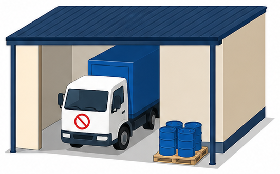 貯蔵室にはさまれた通路にトラックが入り積みおろしをしているイラスト