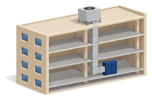 屋上の排煙機から建物内へ下りる風道と下の階の制御盤を示した建物の断面のイラスト
