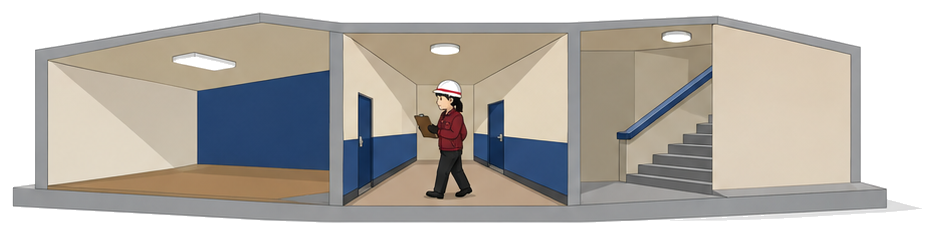 居室廊下階段の非常用照明の灯数を集計するイラスト