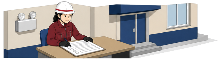 非常用照明装置の検査結果を報告書に記入するイラスト