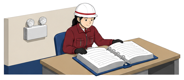 非常用照明装置の過去の点検記録を確認するイラスト