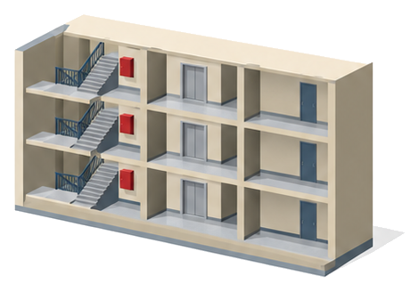 各階に階段と非常用エレベーターがある建物の断面で階段の横の壁に赤い箱が並んでいるイラスト