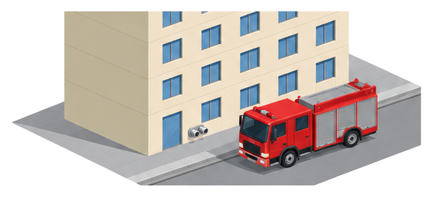建物の外壁の低い位置にある双口形の送水口のすぐ近くに消防ポンプ自動車が横付けしているイラスト