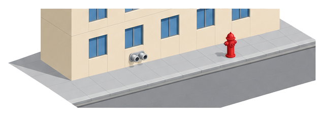 道路に面した建物の壁に送水口があり前が空いていて歩道の近くに消火栓が立っているイラスト