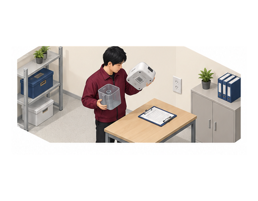 担当者が加湿器の型式と給水タンクと電源プラグを確認するアイソメ図