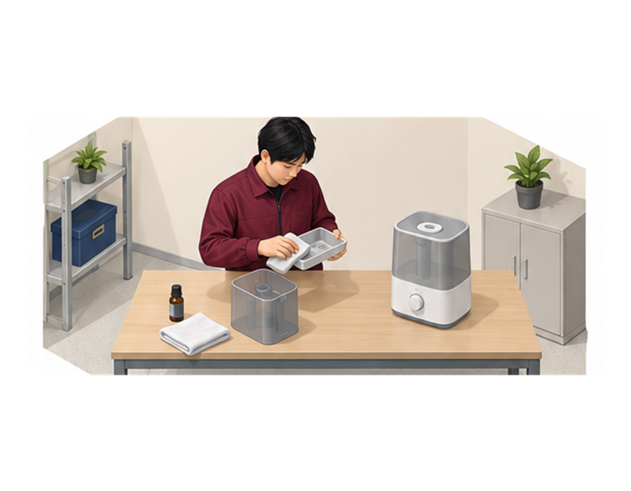 担当者が加湿器の給水タンクへ指定外の液体を入れず本体を水から離すアイソメ図