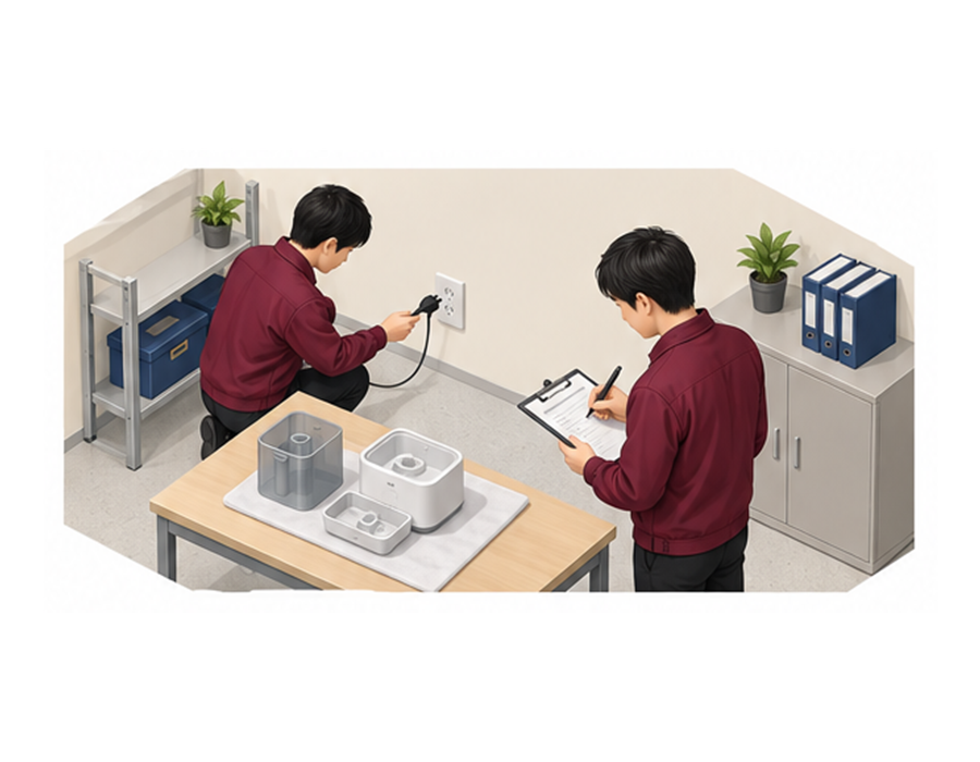 担当者が加湿器の取扱説明書と給水停止清掃の確認表を照合するアイソメ図