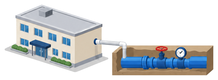 水道管と水道メーターが小さな二階建ての施設につながり、貯水槽が無いイラスト