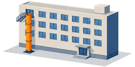 建物の壁から地上まで垂れ下がる垂直式救助袋の全景を示すイラスト