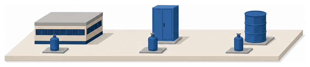 建物と配電盤とドラム缶の前にそれぞれ消火器が置かれている図