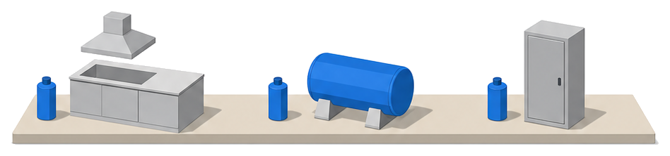 厨房の設備とボイラーと配電盤のそばに消火器を置いたイラスト