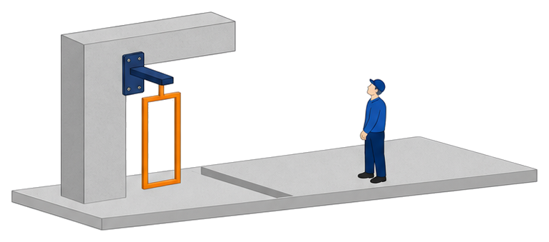 建物の柱とはりに取付け具が留められその取付け具に避難器具が下がっている様子
