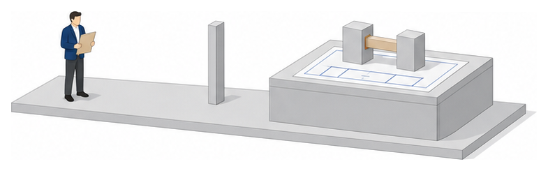 図面と点検表を広げた机と渡り廊下でつながる建物の模型を並べたイラスト