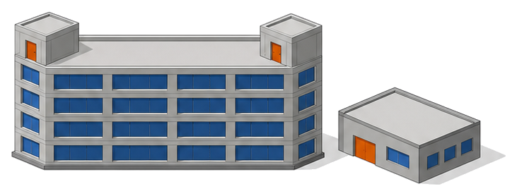 屋上へ通じる階段室を二つ持つ建物と低い倉庫を並べたイラスト