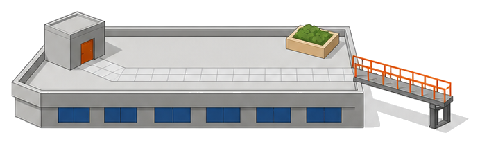広い屋上広場とオレンジの防火戸の出入口から避難橋まで空いた経路を描いたイラスト