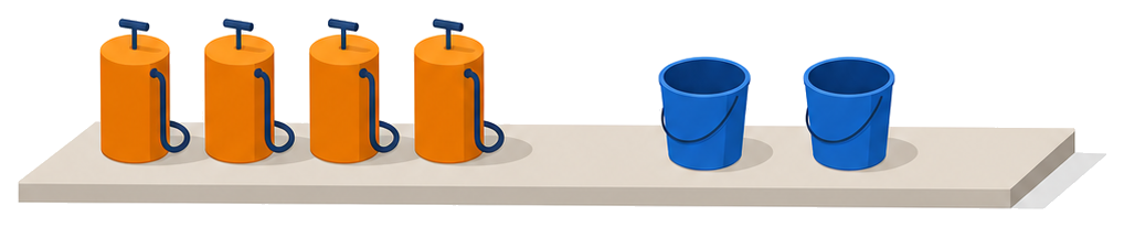 並んだ消火器の列とその半分の数の水バケツの列を比べたイラスト