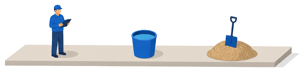 バケツの水位と砂に添えたスコップを点検している人のイラスト