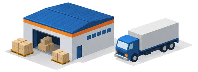 倉庫の積み荷と配送トラックのイラスト