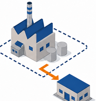工場の敷地の境界を越えて外の建物へ向かう矢印のイラスト