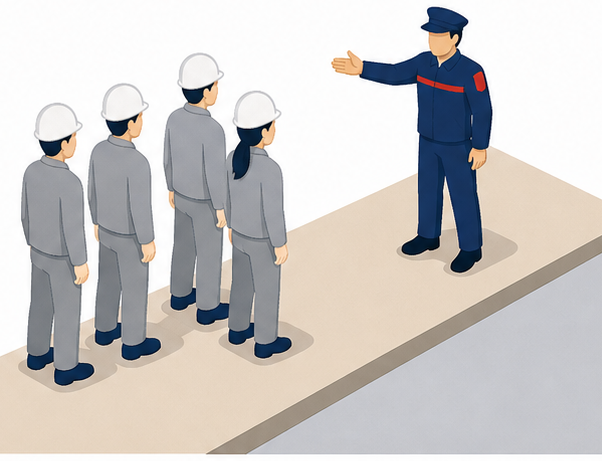 現場に到着した自衛消防隊に協力を要請する消防吏員のイラスト
