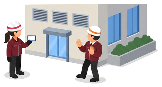 資格者証を提示する女性検査員と検査を任せられない建物管理人のイラスト