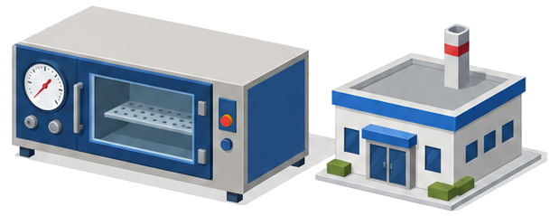 加熱試験器を専門機関の建物で校正するイメージのイラスト