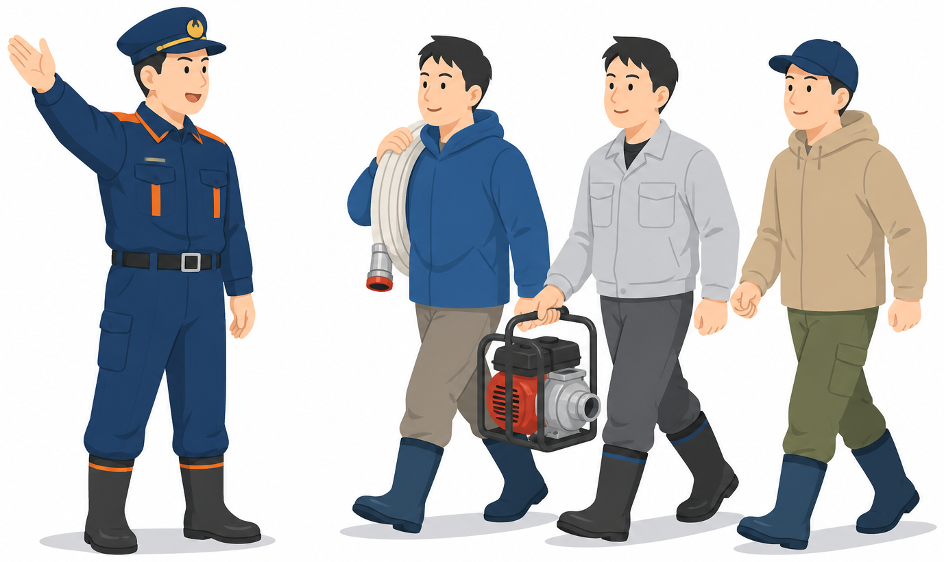 消防団長が呼びかけホースとポンプを持つ協力者が向かうイラスト