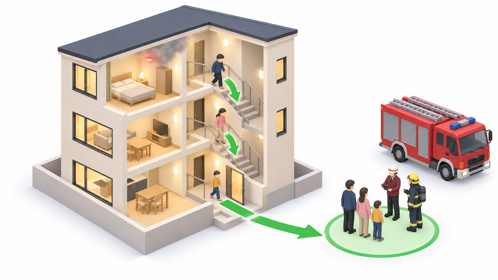 共同住宅の一室の煙と消防車、避難する人を示す一般的なアイソメ図解