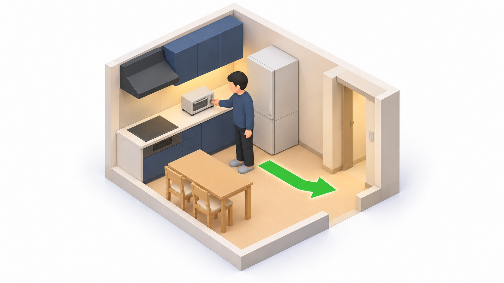 住戸の台所でトースター使用中にそばを離れない一般的な安全イメージ