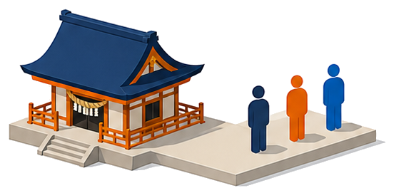 神社の建物前に集まる参拝者の人物群を示したイメージ