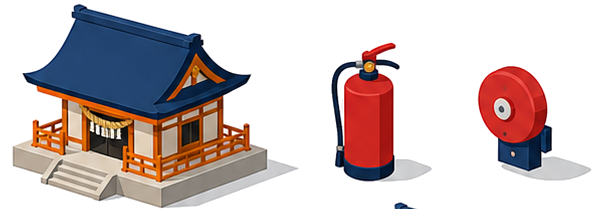 神社の建物脇に置かれた消火器と壁掛けの警報ベルを示したイメージ