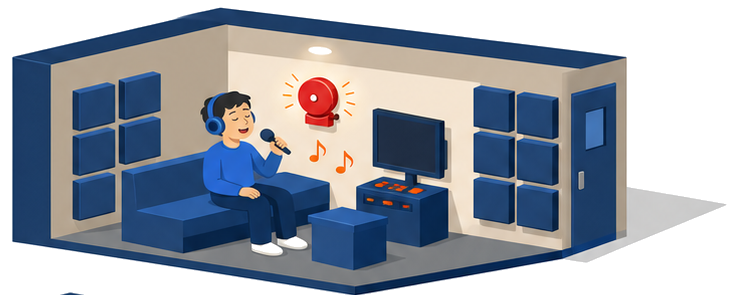 ヘッドホンをつけて個室で音楽を聴く客と鳴り響く非常ベル