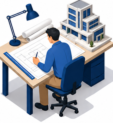 図面と建物模型を前に設計をする人のイラスト