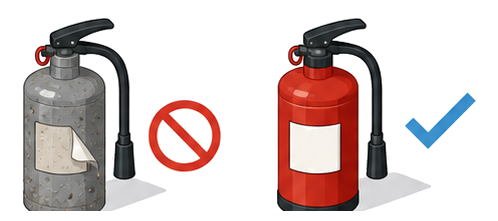 ラベルが劣化し腐食した古い消火器と表示が新しく状態の良い消火器を並べて比較した図