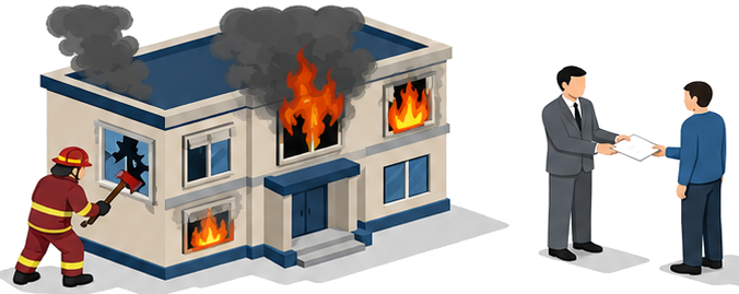 燃える建物の窓を消防隊員が破壊し傍らで職員が書類を手渡すイラスト