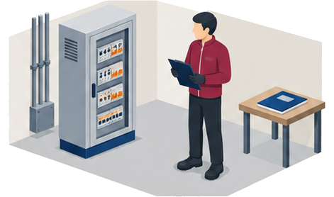 作業着姿の担当者が配電盤のキャビネットを点検するイラスト