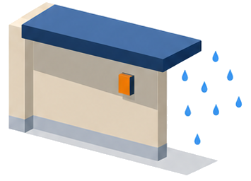 軒下に守られた戸外表示器と雨粒の図