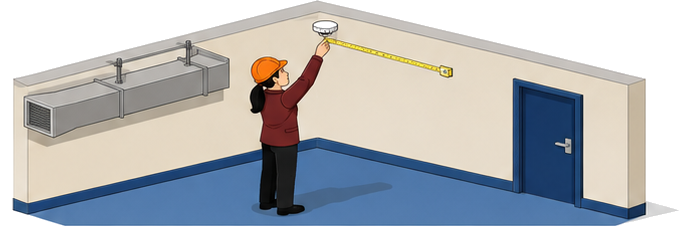 天井の煙感知器と壁からの距離を確認する女性作業員のイラスト