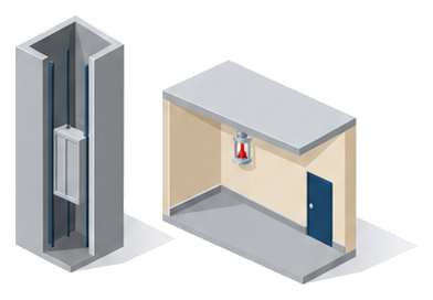 エレベーターの昇降路にスプリンクラーヘッドが無く隣の部屋にはヘッドがあるイラスト