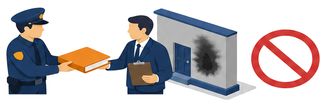 警察官と調査員が焦げた壁の建物の前で書類を確認しているイラスト(禁止マーク付き)