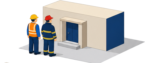 建築部局の職員と消防職員が並んで一つの建物を合同で立入検査している様子