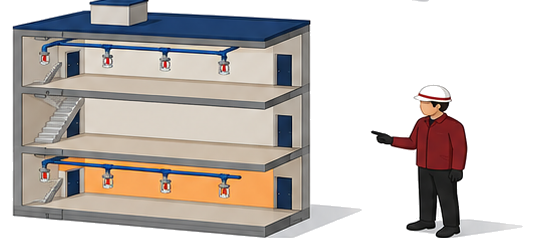 建物の断面で上層階と特定の低層階にスプリンクラーヘッドが設けられているイラスト