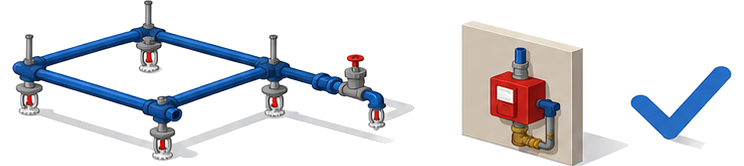 大きなスプリンクラー配管設備と小型の水道連結型スプリンクラー設備を比べるイラスト