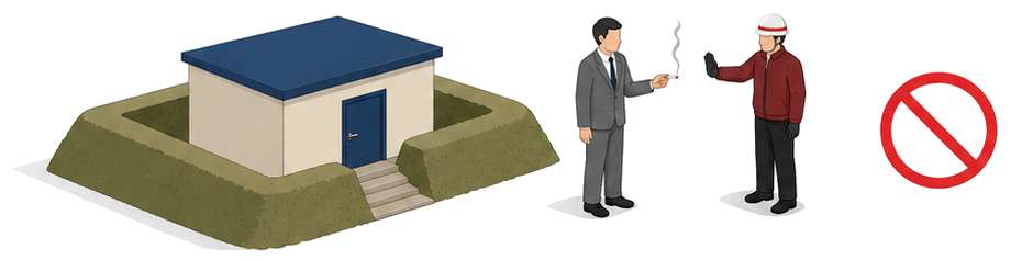来訪者が持つ煙草を作業員が制止する横に、土手で囲まれた火薬庫の建物があるイメージ