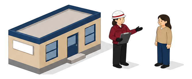 建築物の維持保全の推進を説明する調査員